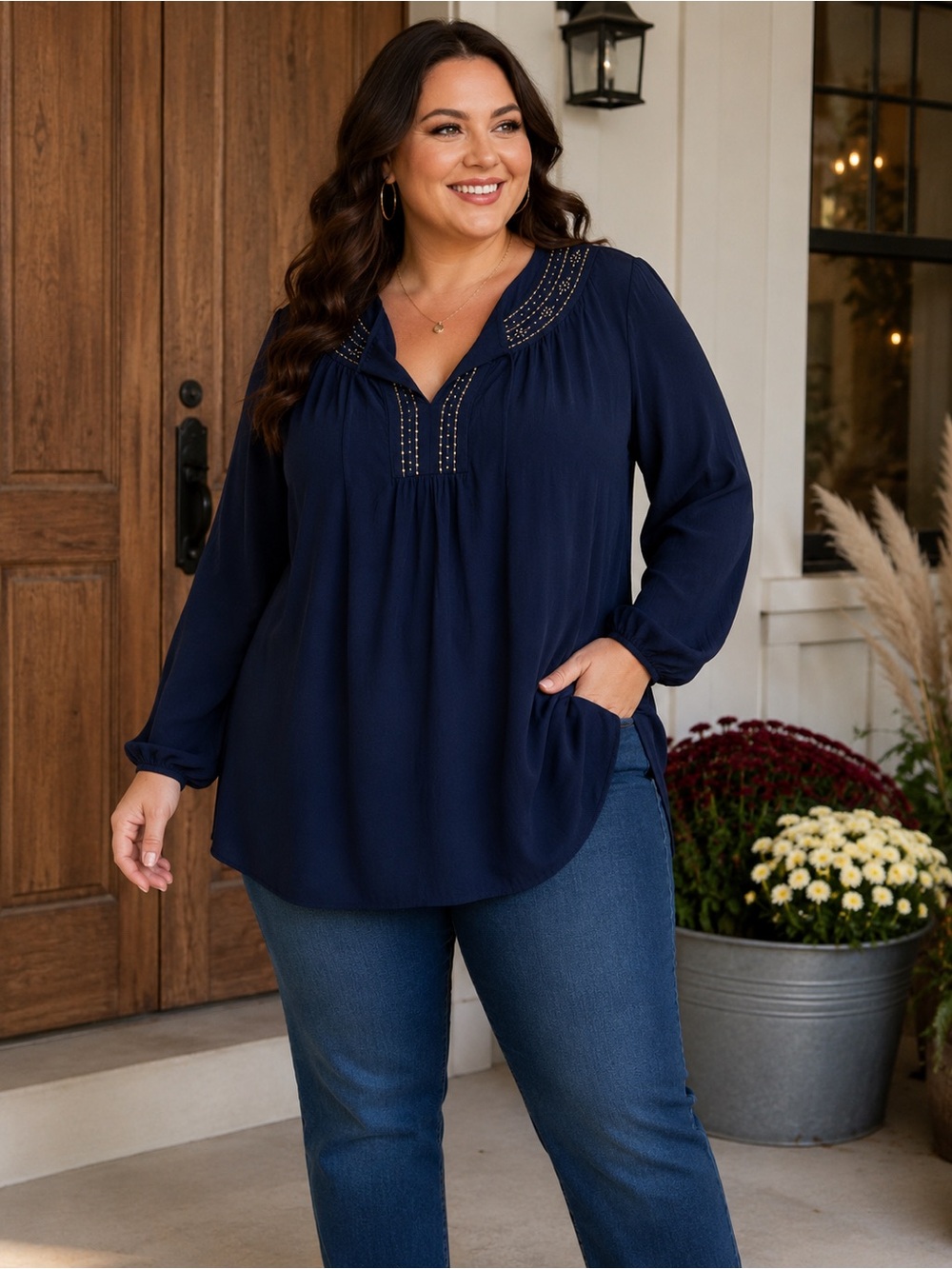 Lane Bryant Navy Long-Sleeve V-Neck Beaded Peasant Top